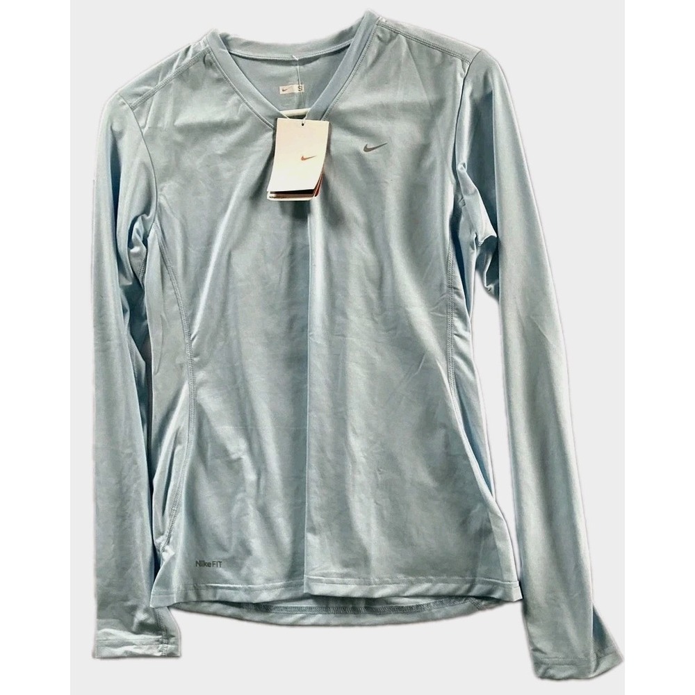 Nike Fit Dry Shirt Womens S Blue Long Sleeve V Neck Training Top Athletic NWT